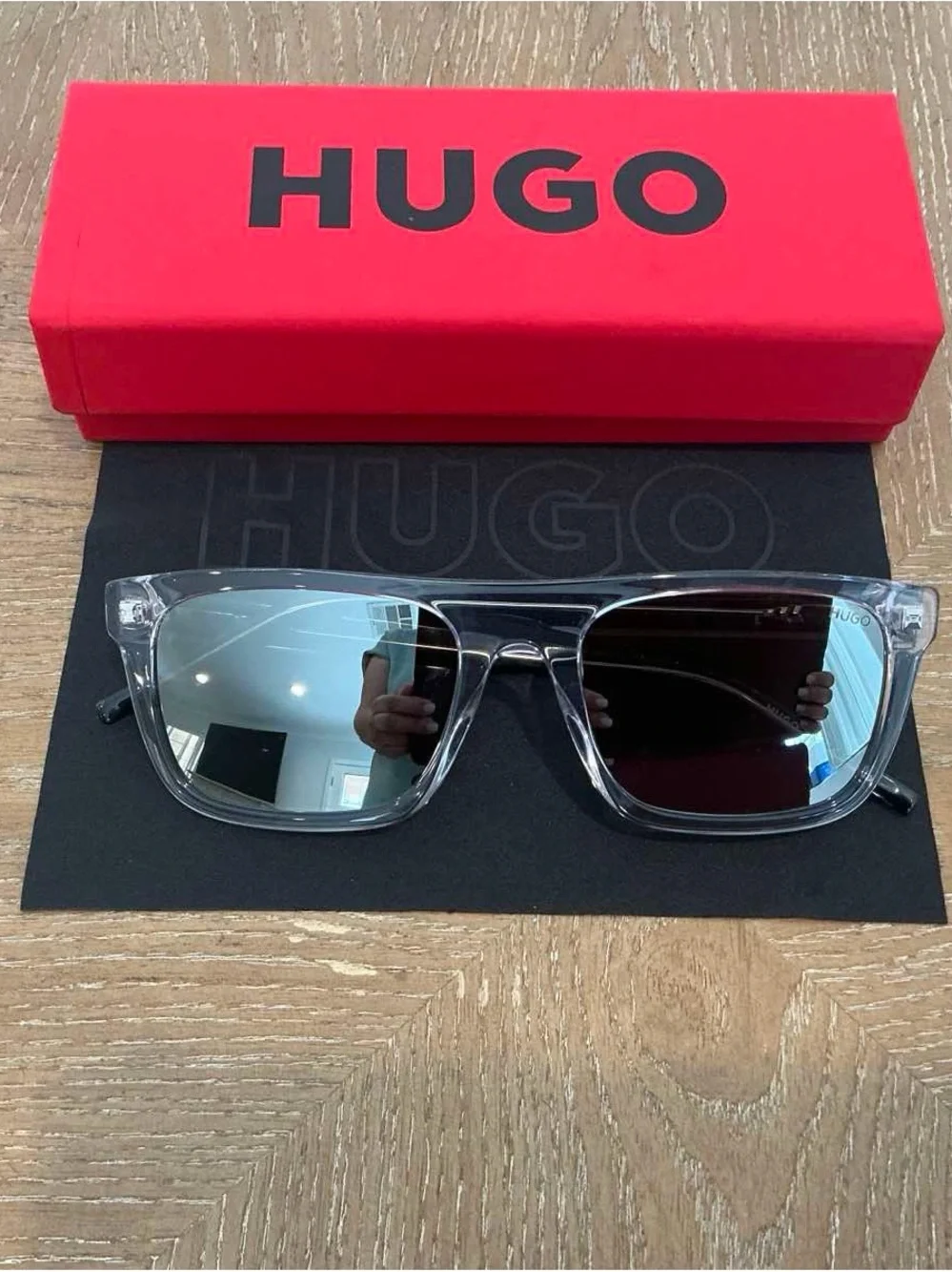 Hugo Boss Clear Frame Black Temples Sunglasses with Silver Mirrors